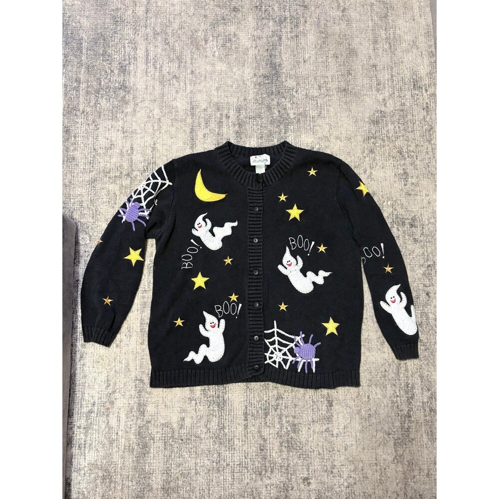 The Quaker Factory Vintage Black Halloween Ghost Spiderweb Boo Cardigan Sweater